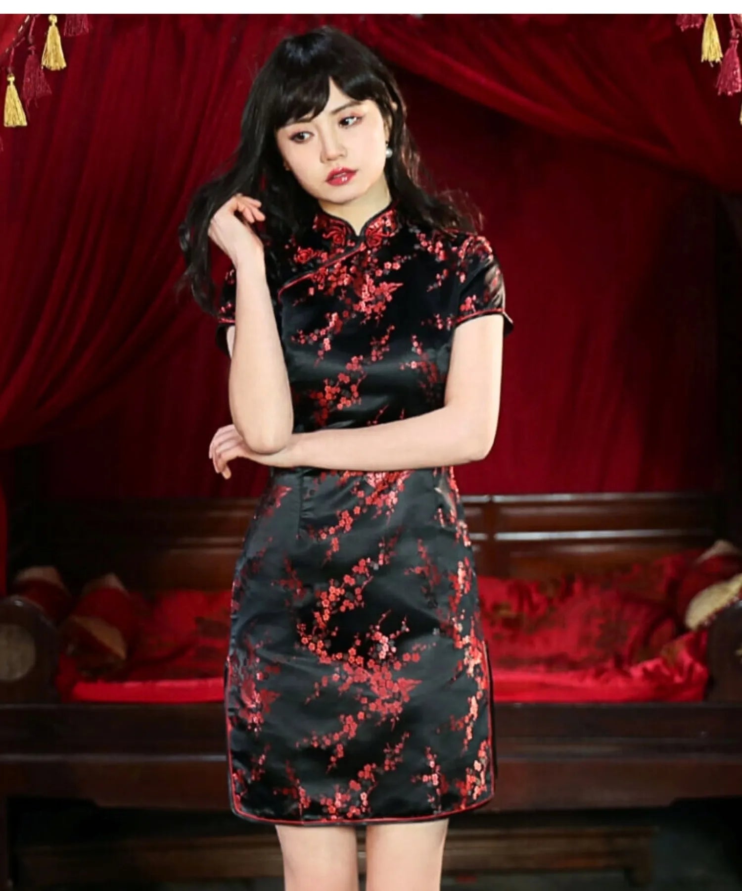 Plum Pattern China Dress -Mini Length Long Length-