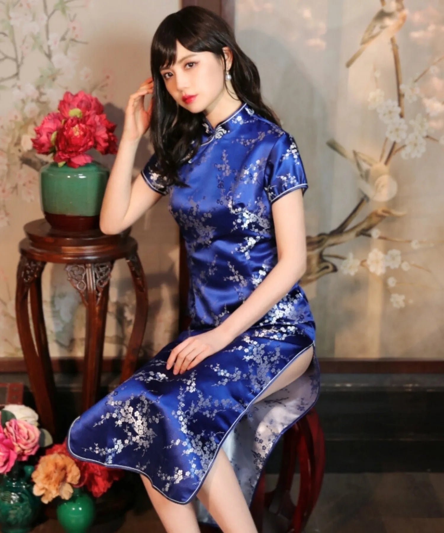 Plum Pattern China Dress -Mini Length Long Length-