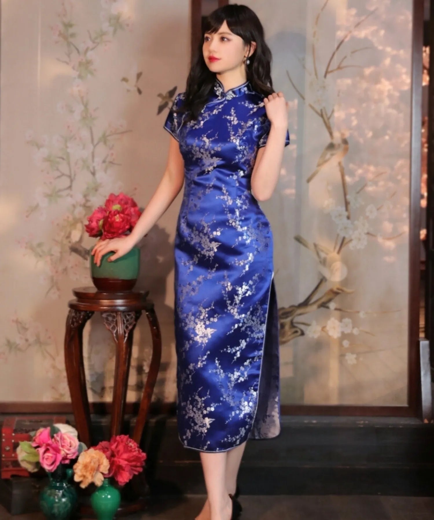 Plum Pattern China Dress -Mini Length Long Length-