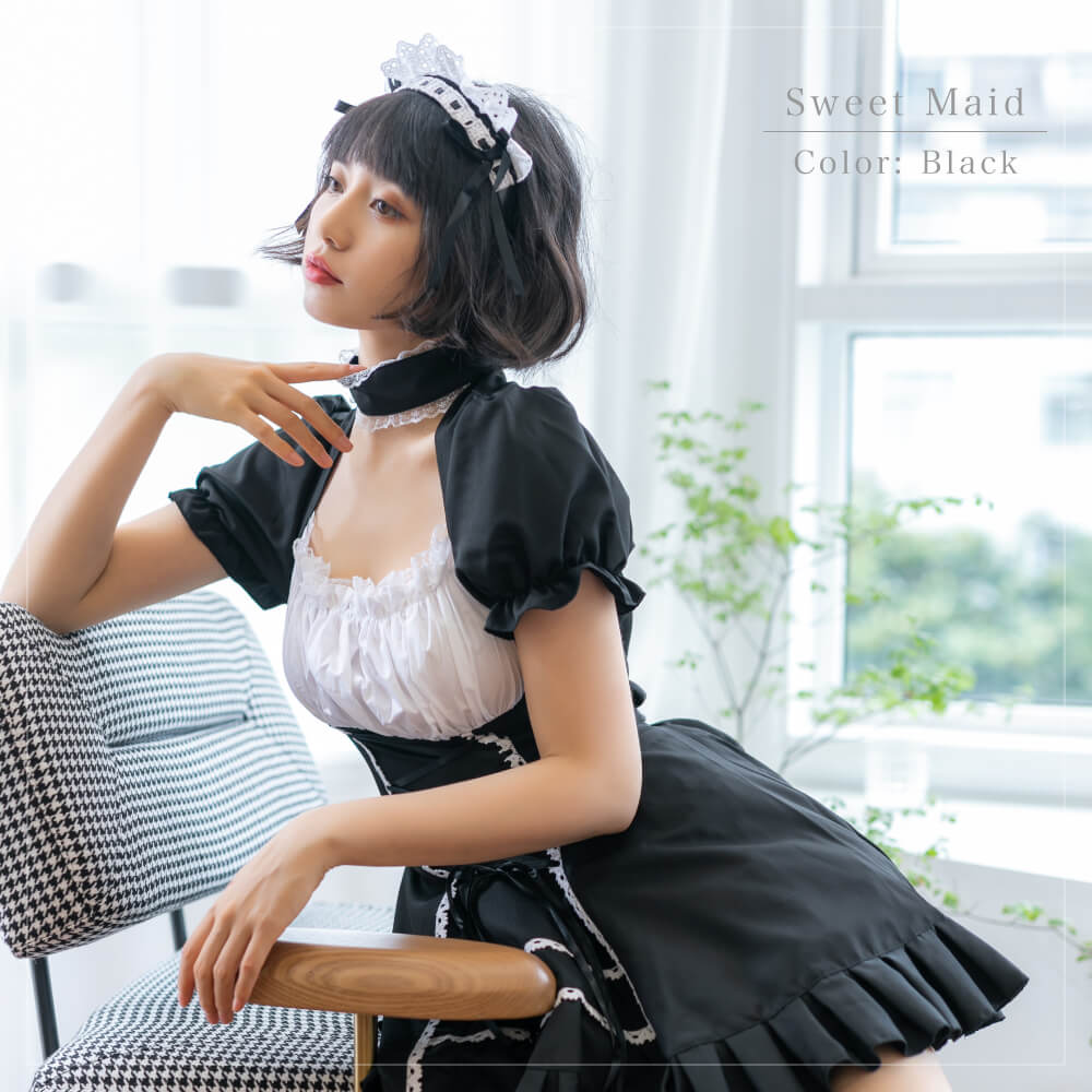 カチューシャつきチョーカー一体編み上げメイドワンピース - Black / S