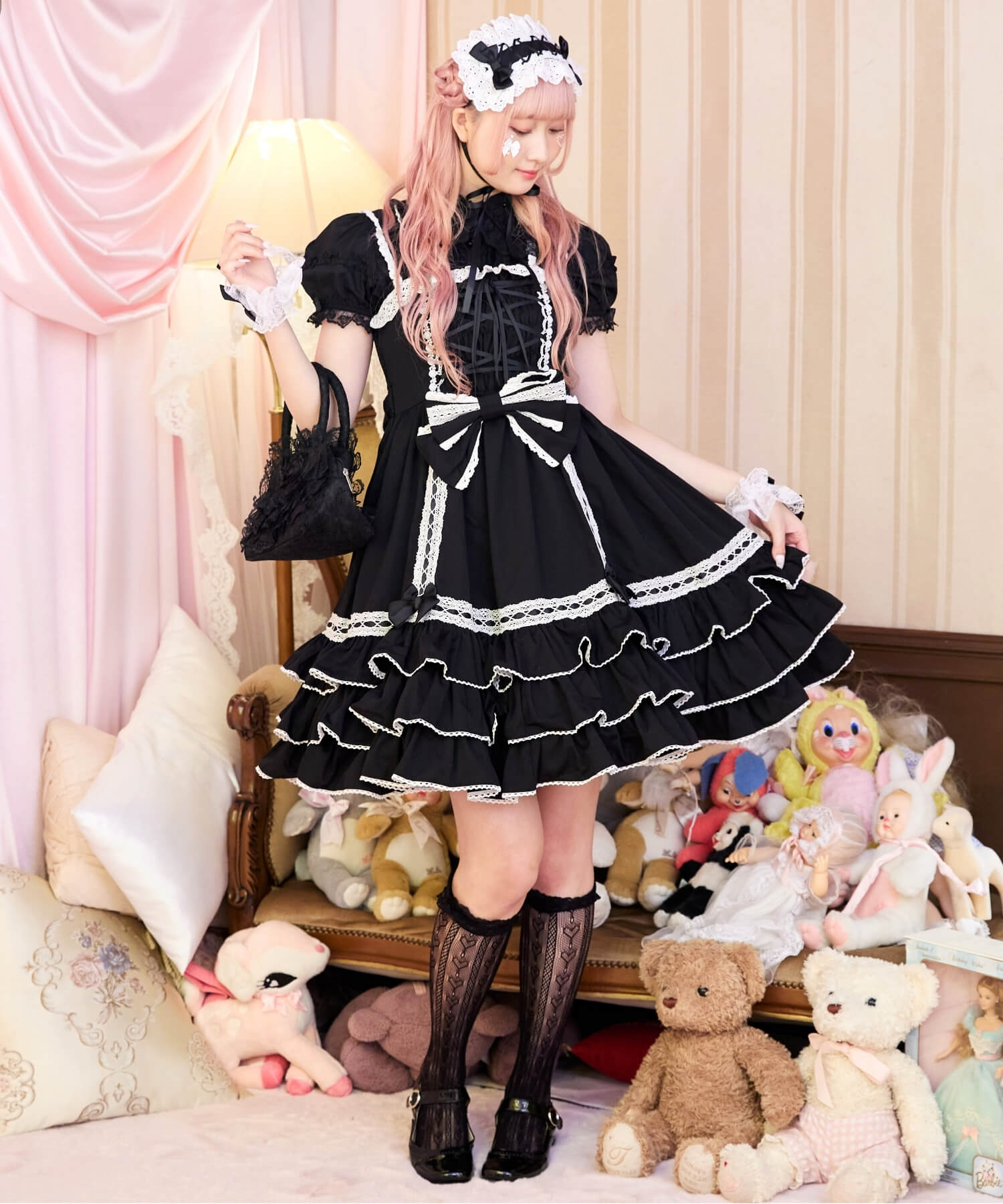 レースアップのリボンフリルジャンパースカート