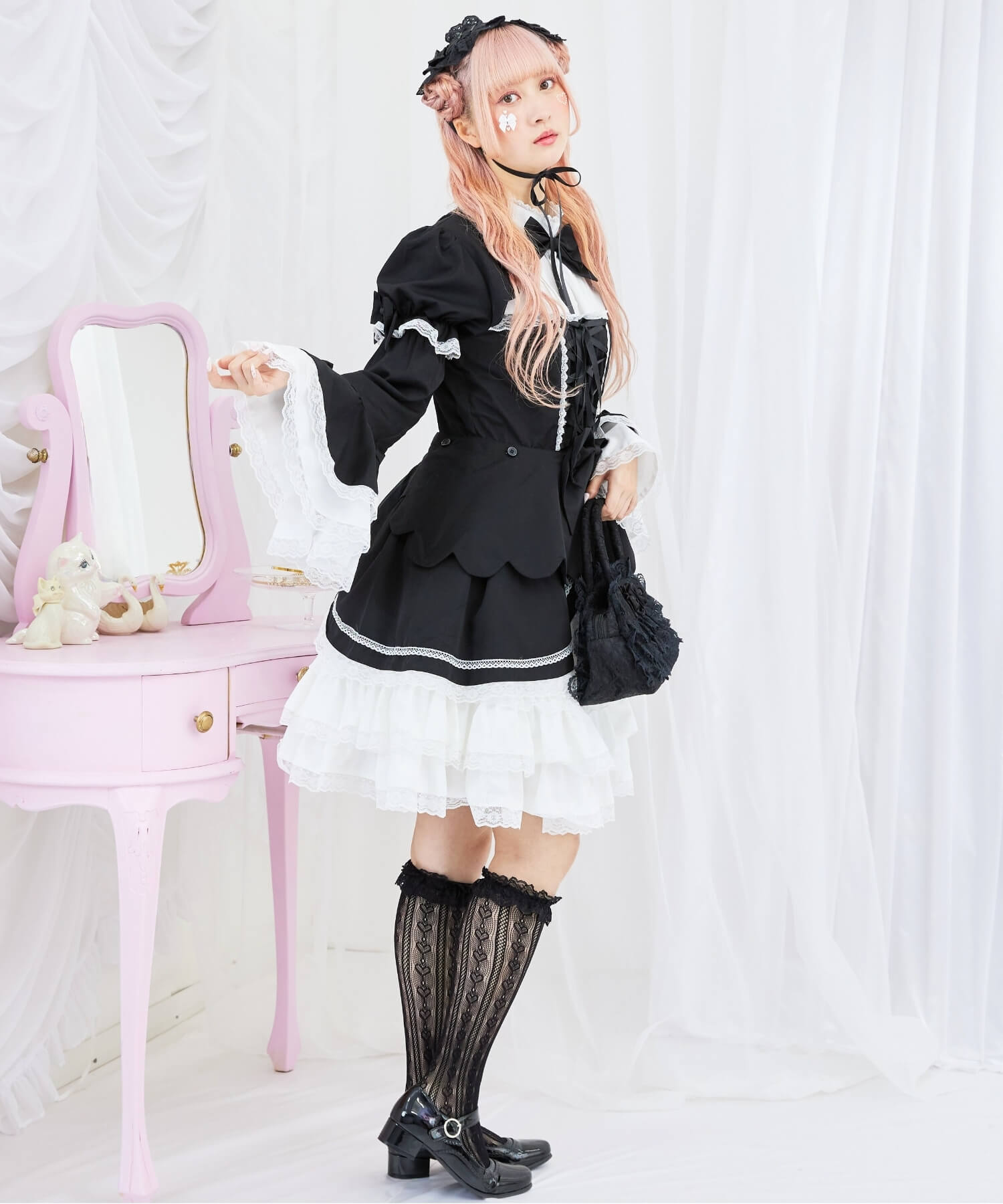 2way scallop frill princess sleeve dress 3-piece set