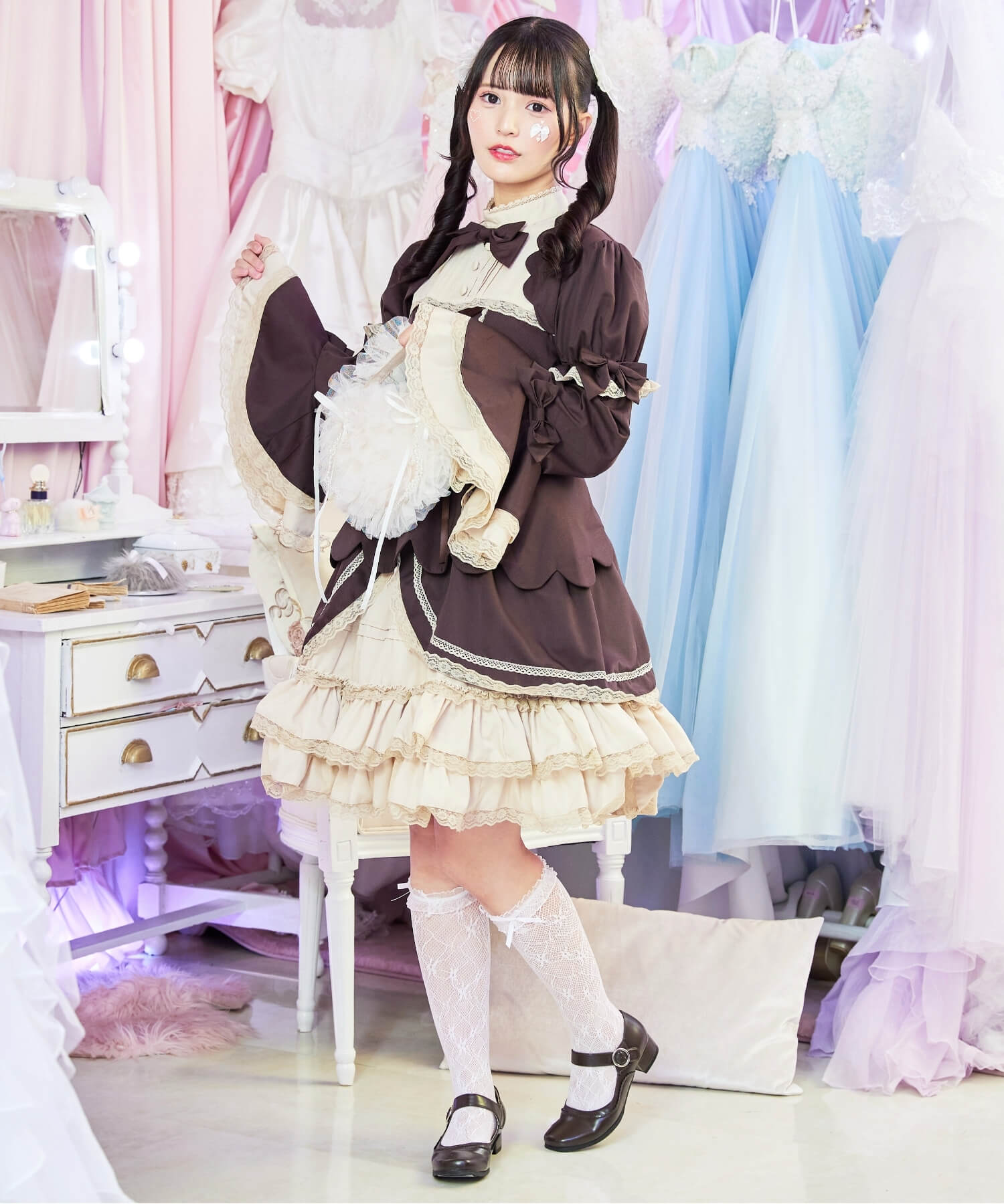 2way scallop frill princess sleeve dress 3-piece set