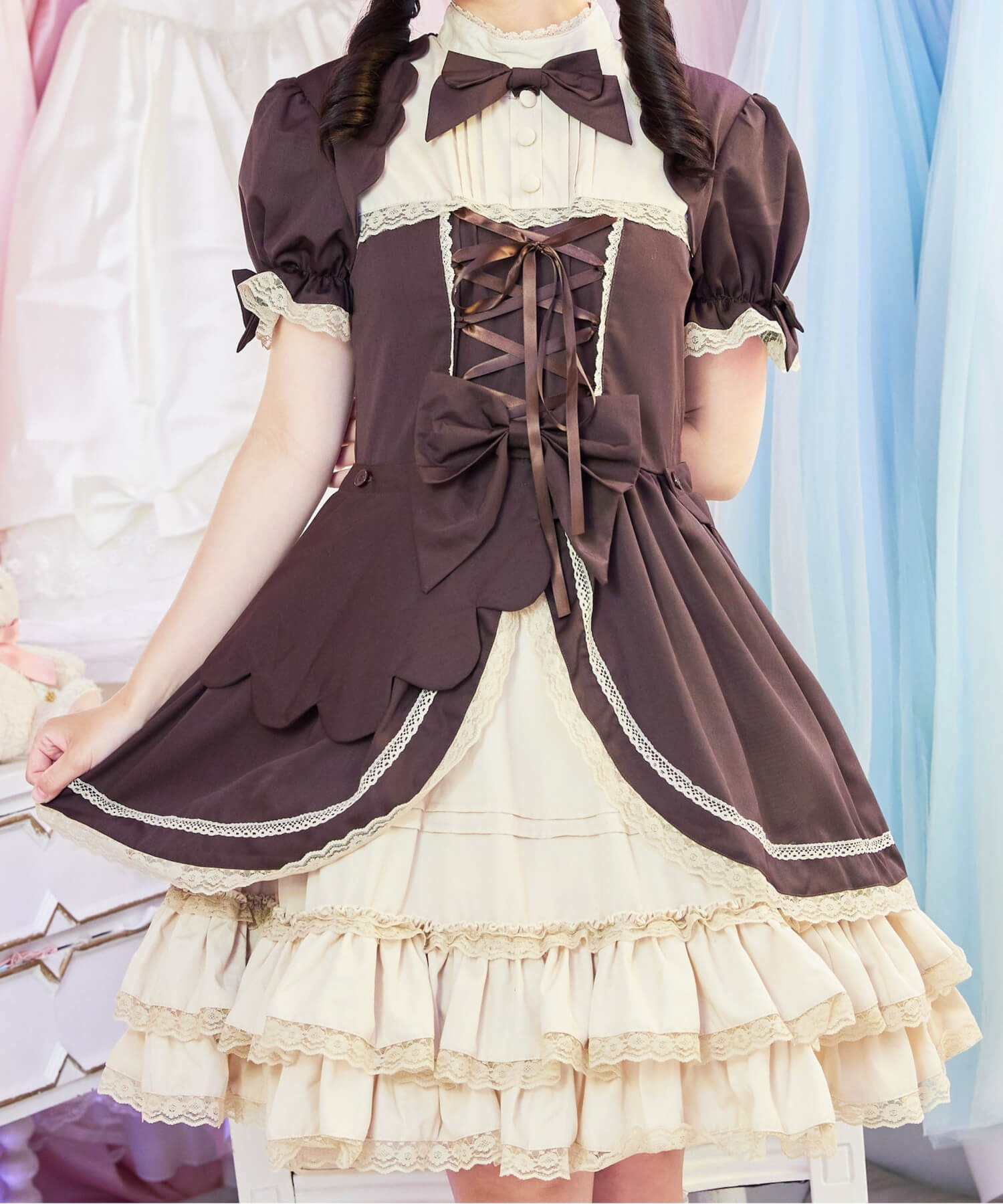 2way scallop frill princess sleeve dress 3-piece set