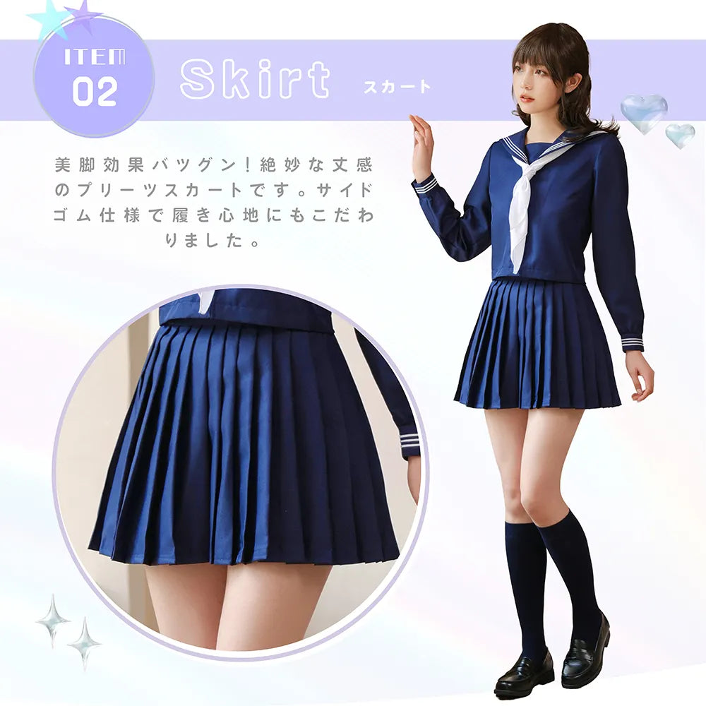 Navy blue long-sleeved sailor uniform with a pure white scarf