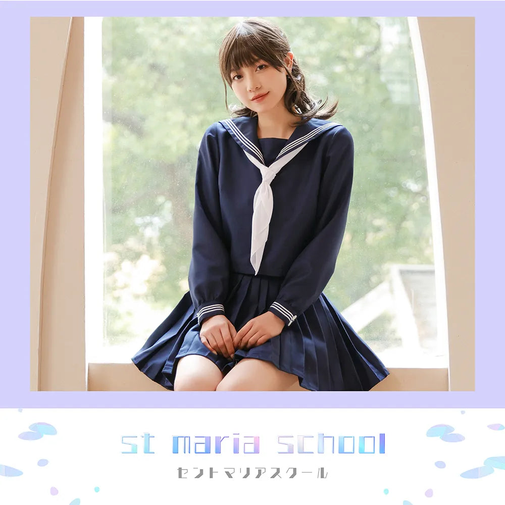 Navy blue long-sleeved sailor uniform with a pure white scarf