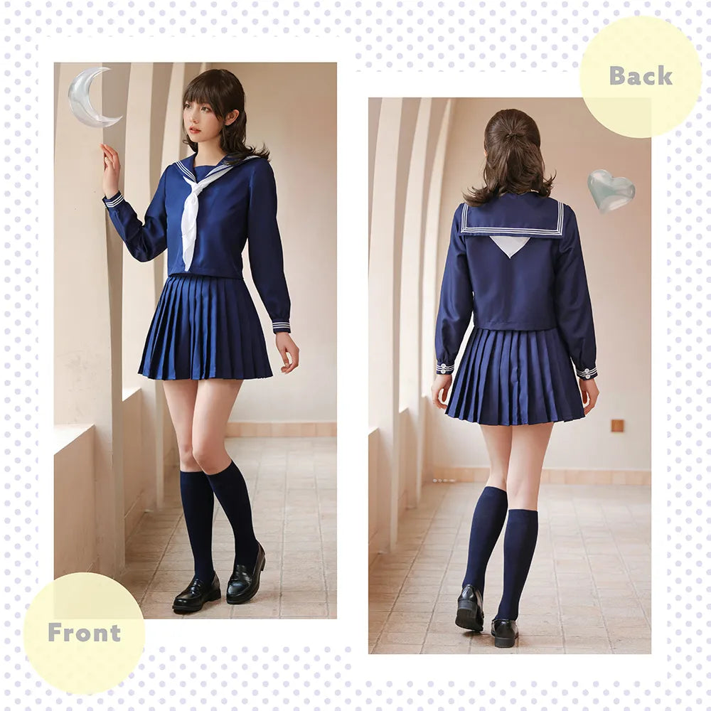 Navy blue long-sleeved sailor uniform with a pure white scarf
