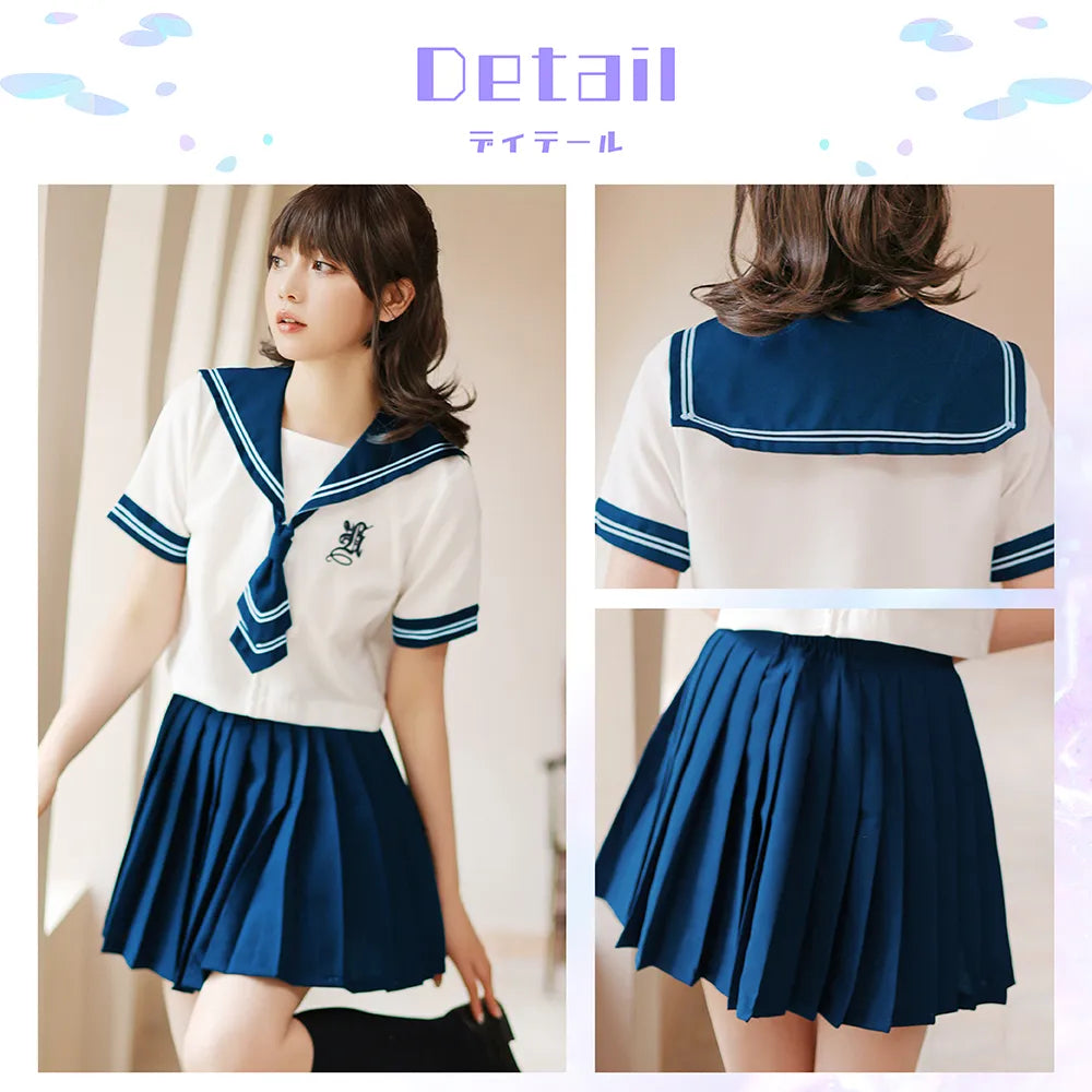 White and navy short-sleeved sailor suit with tie