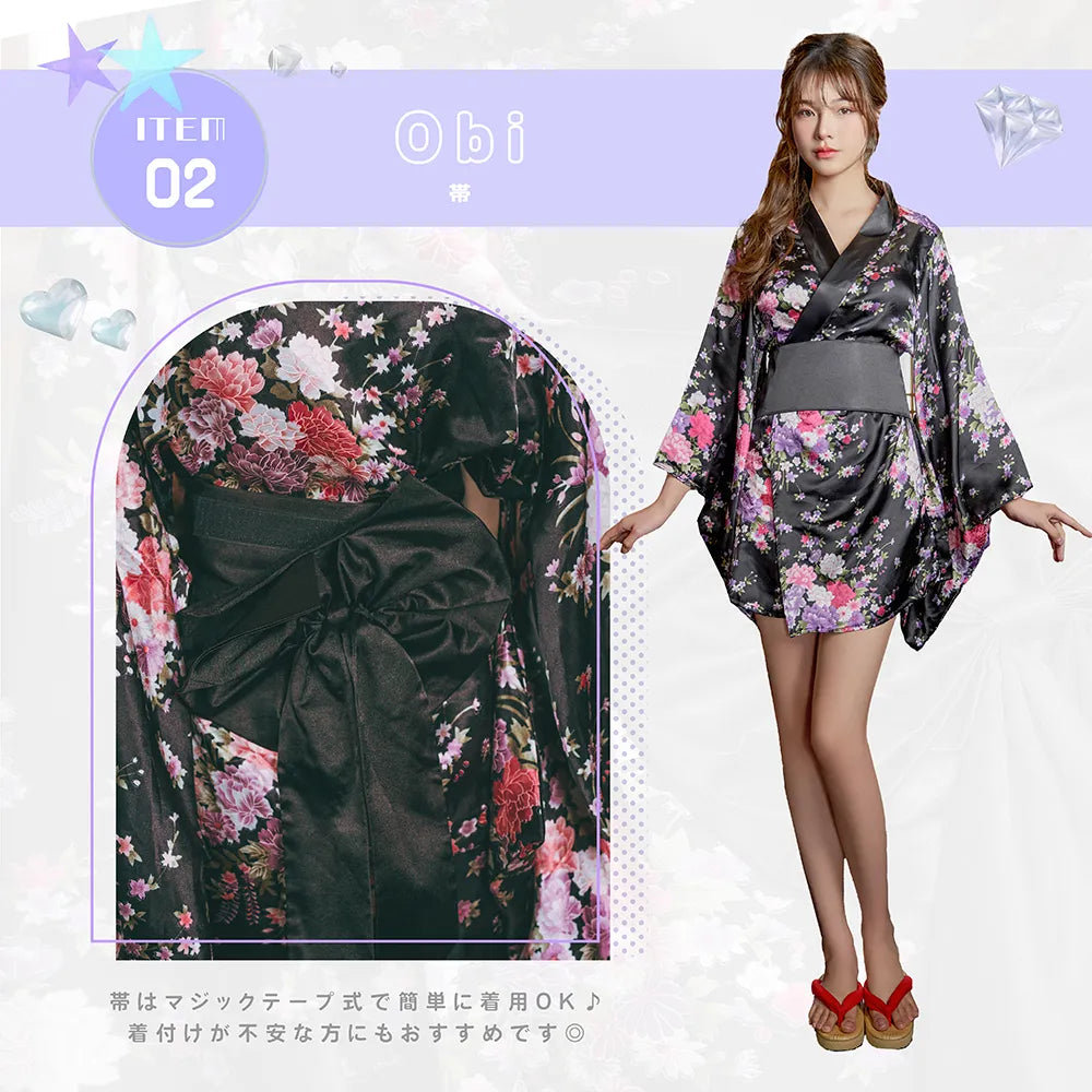 Glossy oiran-style miniature kimono with obi