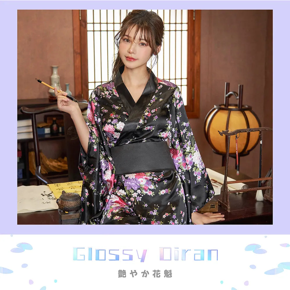 Glossy oiran-style miniature kimono with obi