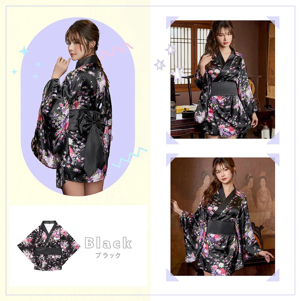Glossy oiran-style miniature kimono with obi