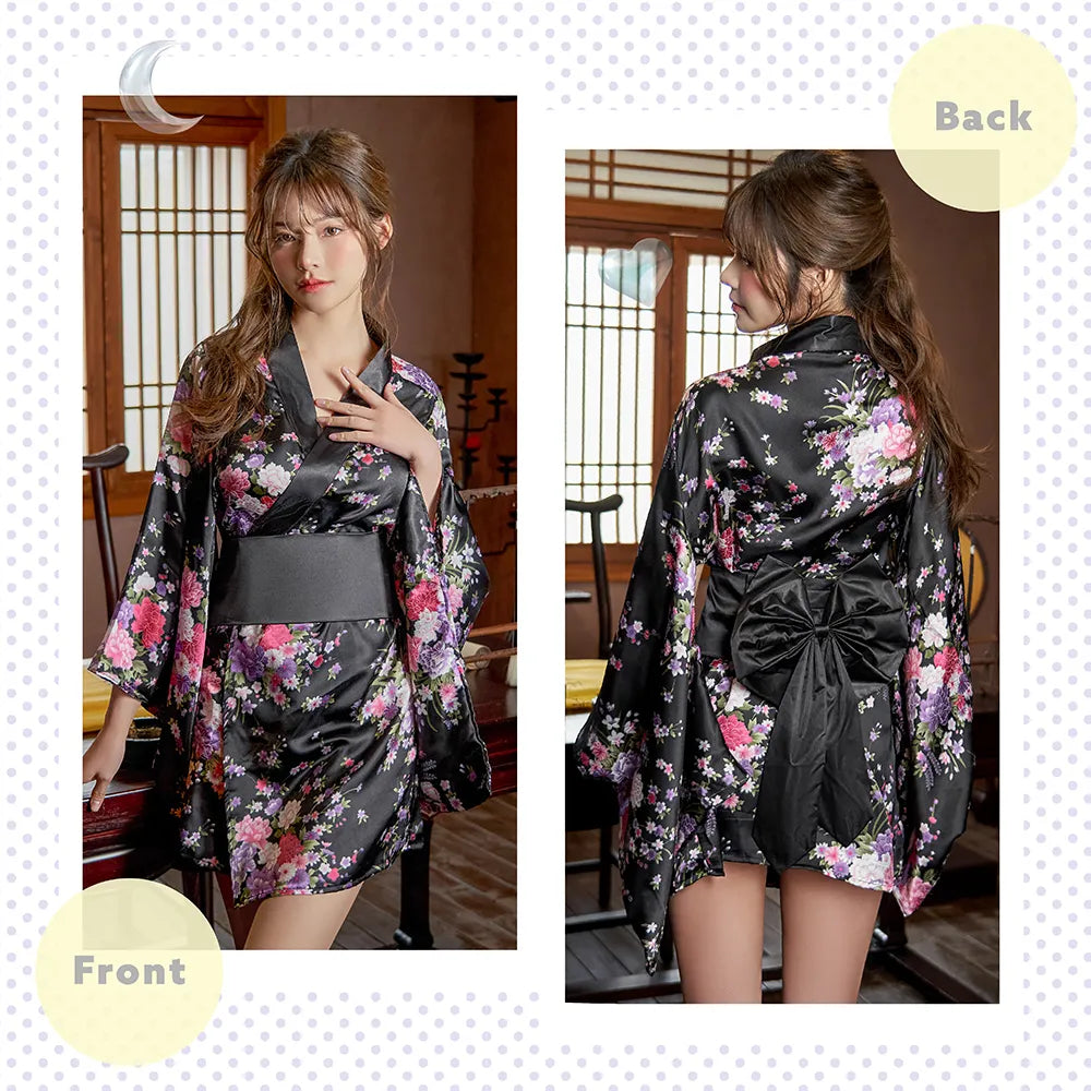 Glossy oiran-style miniature kimono with obi