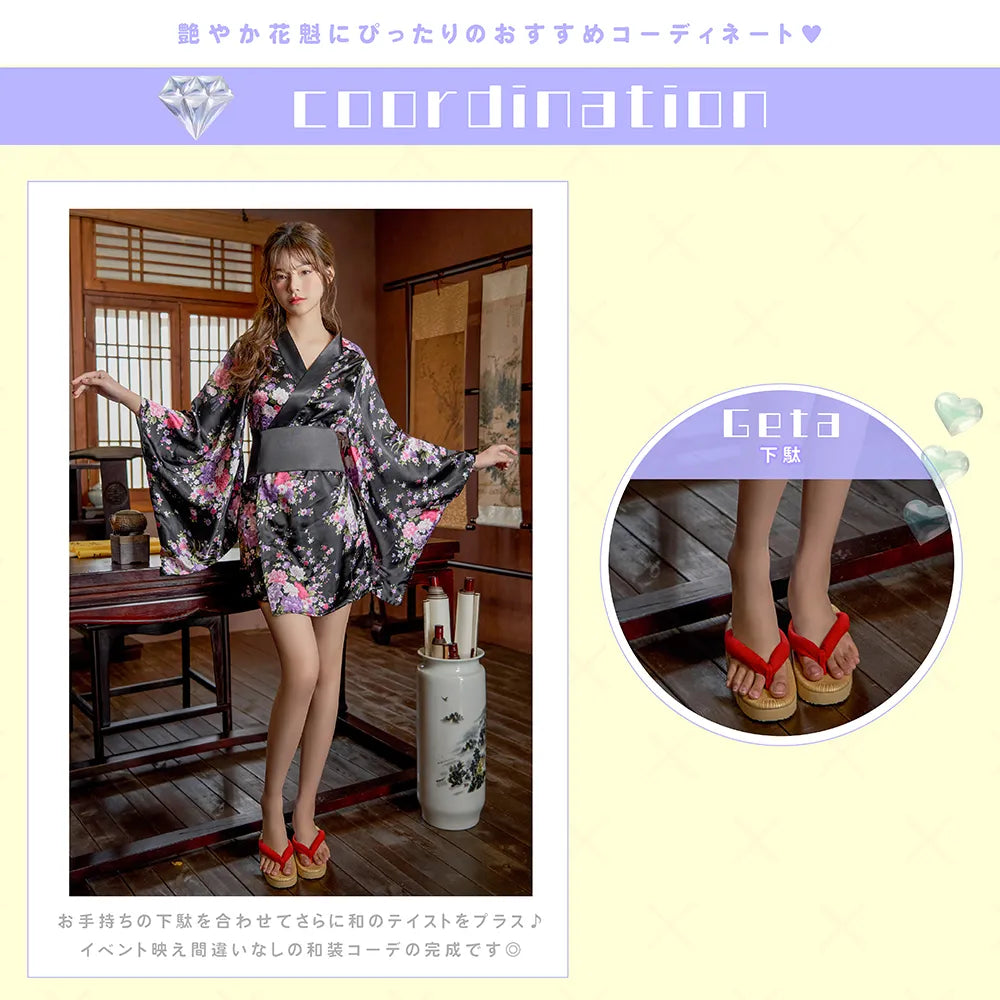 Glossy oiran-style miniature kimono with obi