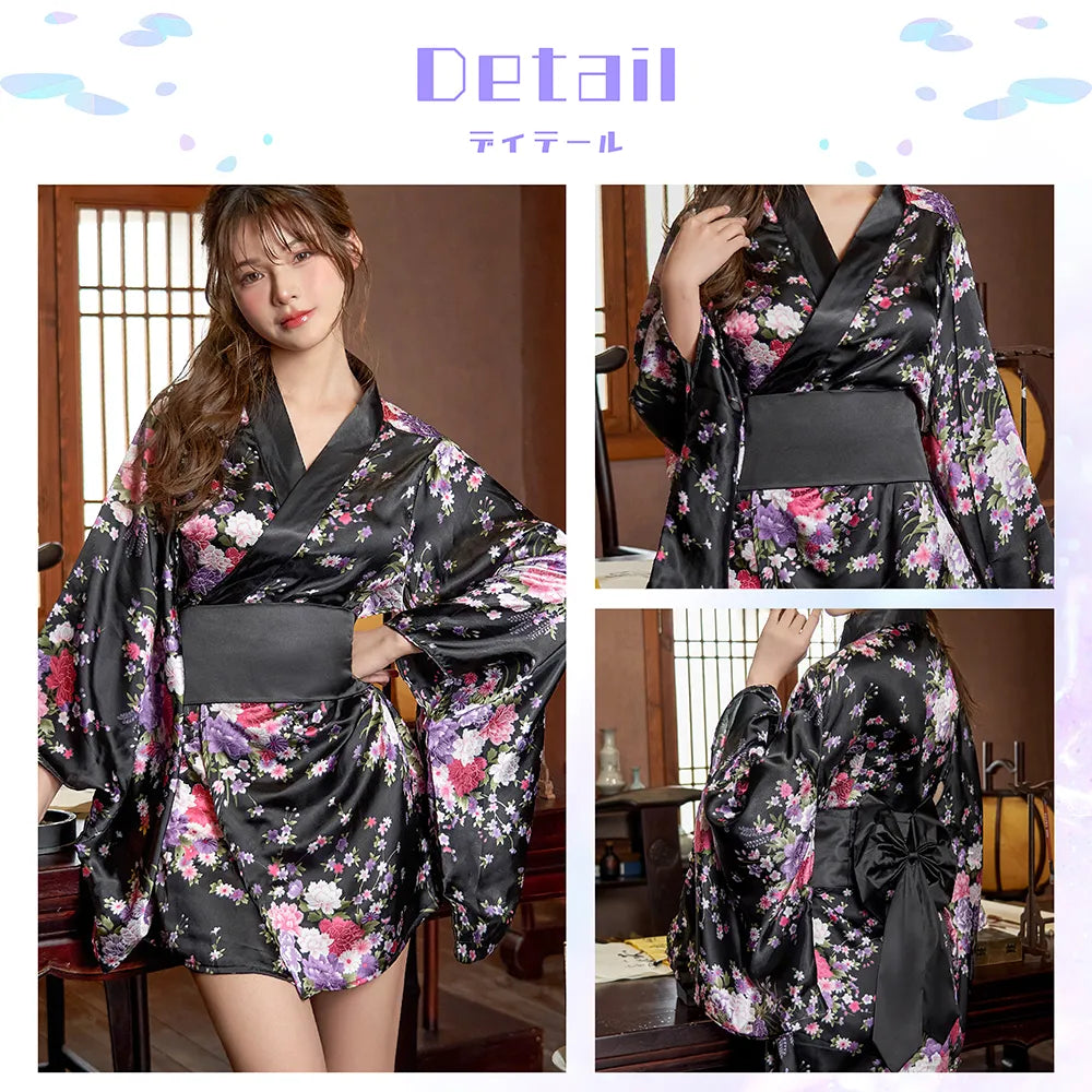 Glossy oiran-style miniature kimono with obi
