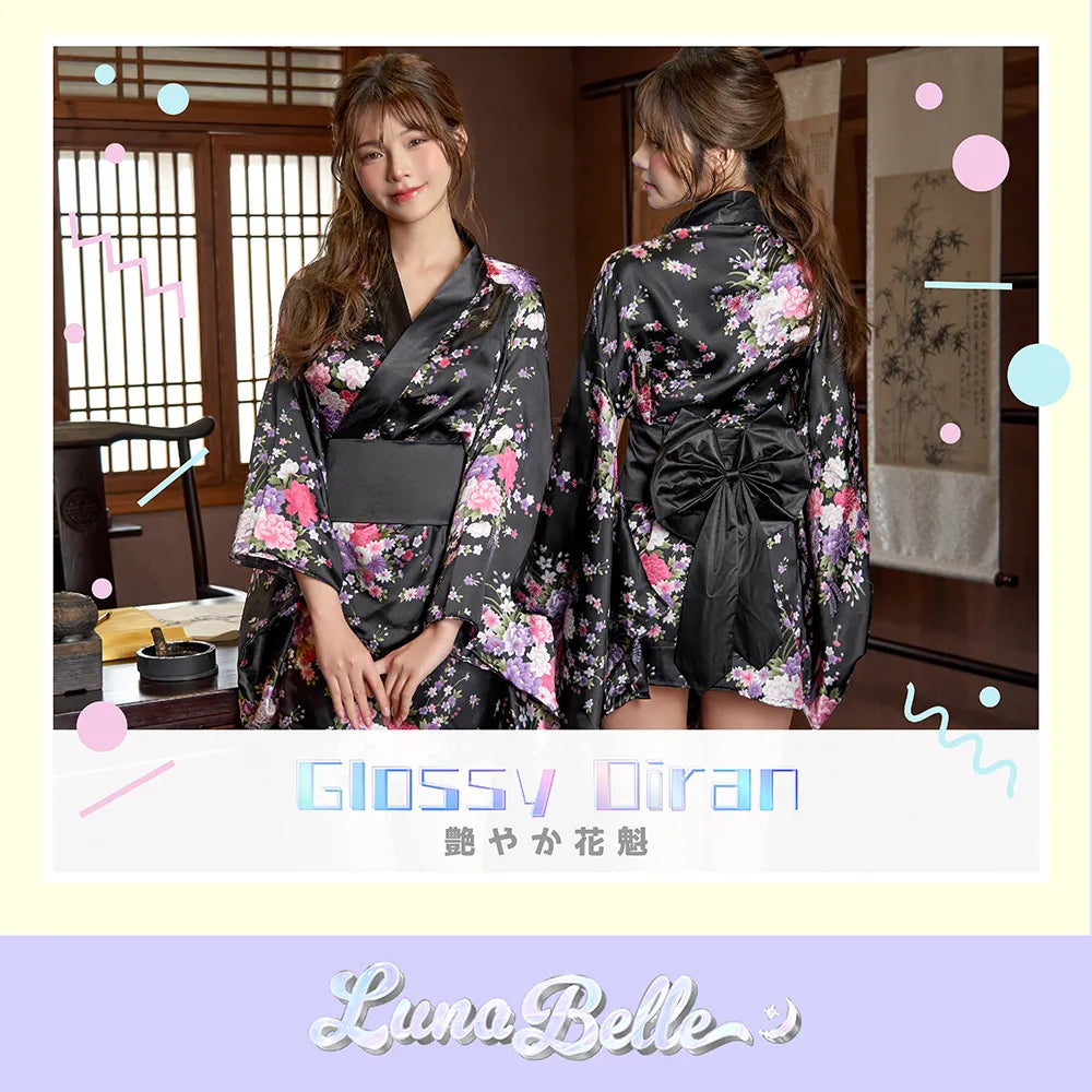 Glossy oiran-style miniature kimono with obi