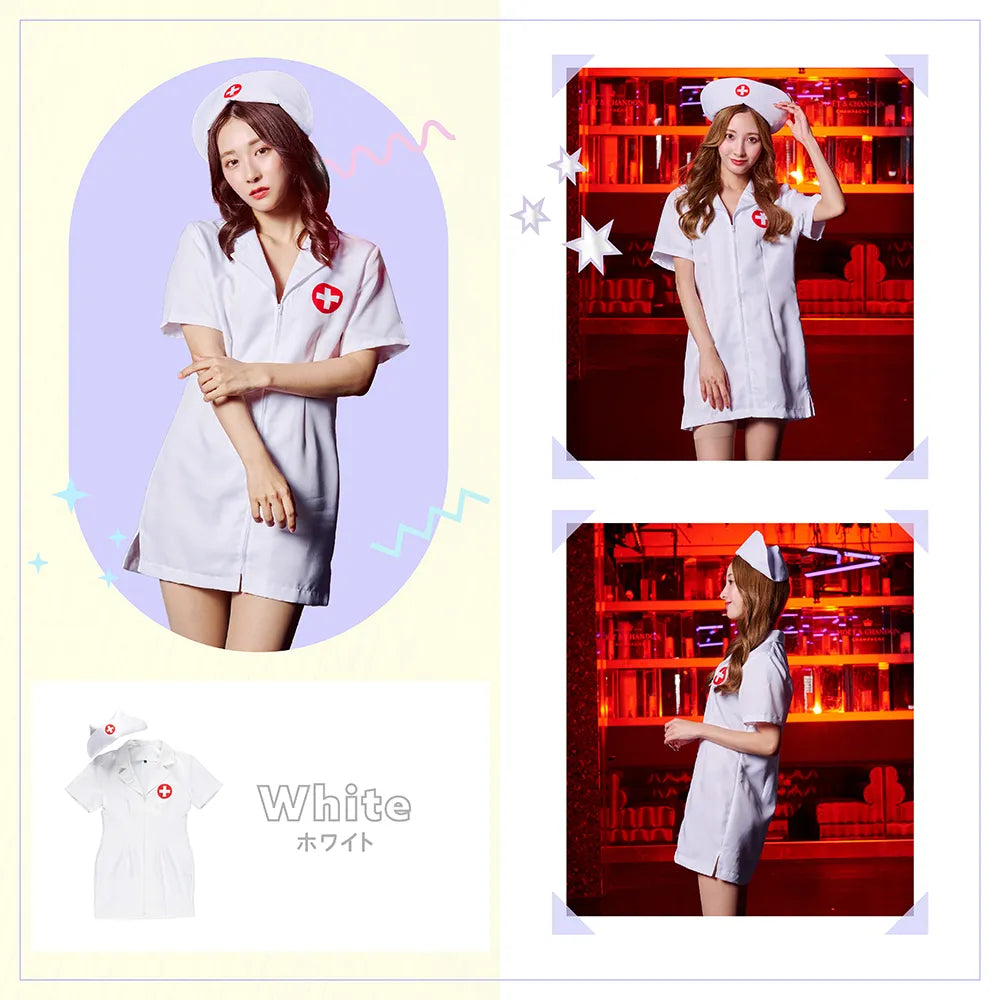 赤丸白十字ロゴ×フロントジップのミニ丈ナースコスチューム
