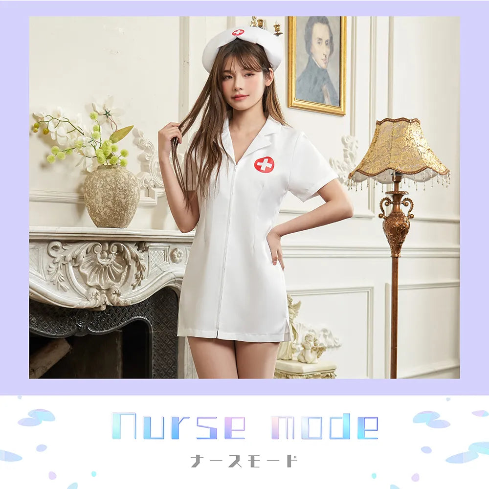 純白ジップアップミニワンピース ナースコスチューム