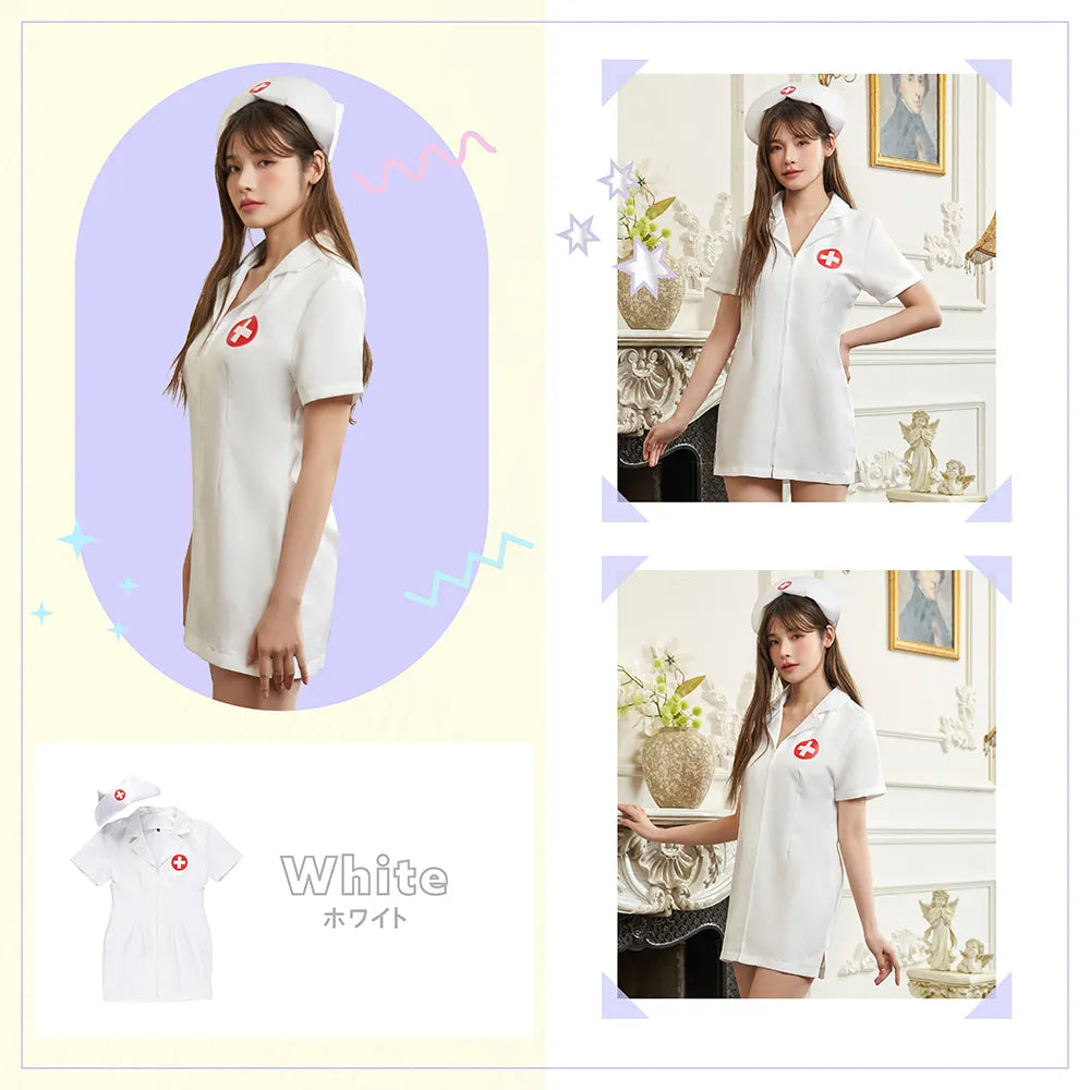 純白ジップアップミニワンピース ナースコスチューム