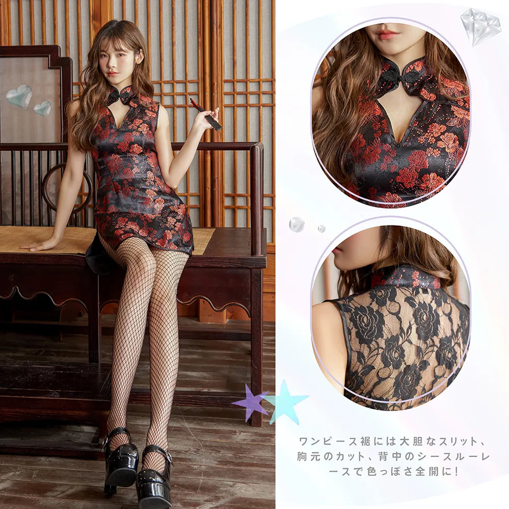 赤×黒レース ミニ丈チャイナドレス