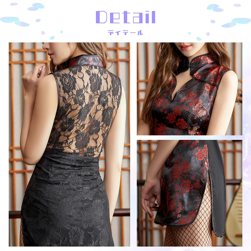 赤×黒レース ミニ丈チャイナドレス