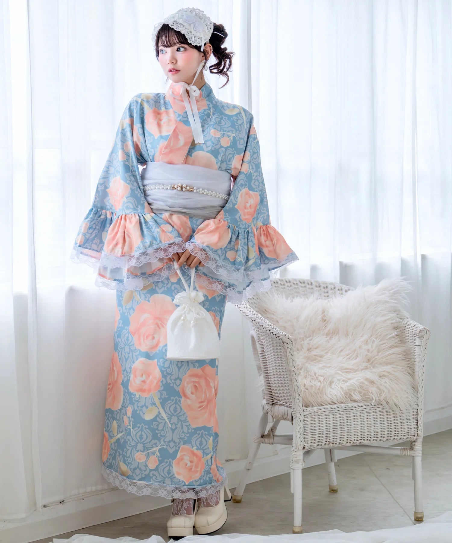 Rinhime Classical Antique Rose Lolita Yukata 3-Piece Set – Elegant Classic Lolita Japanese Yukata for Summer Festivals & Fireworks Events
